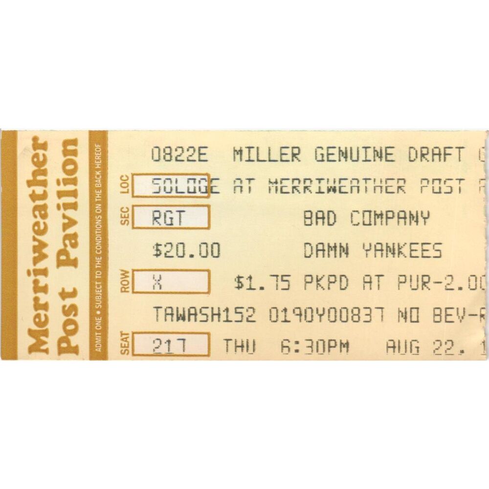 Vintage 1991 Bad Company Damn Yankees Concert Ticket Columbia MD
